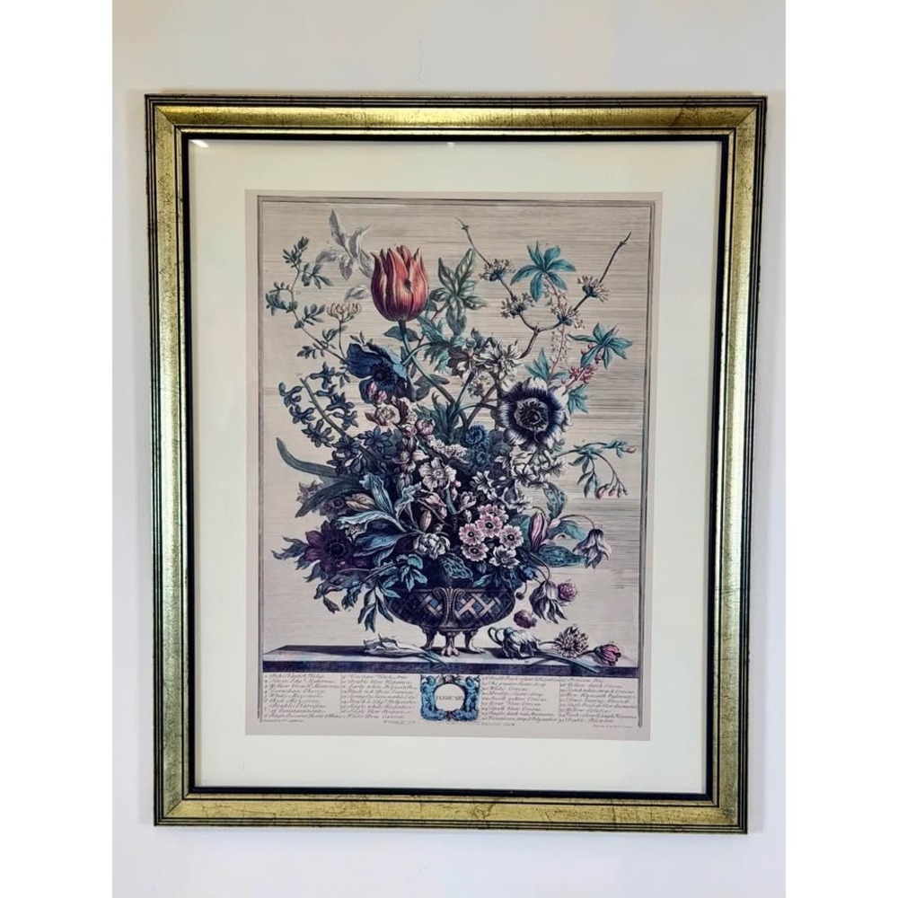 Vintage 1970s Robert Furber February Floral Botanical Print - Gold Frame Matted